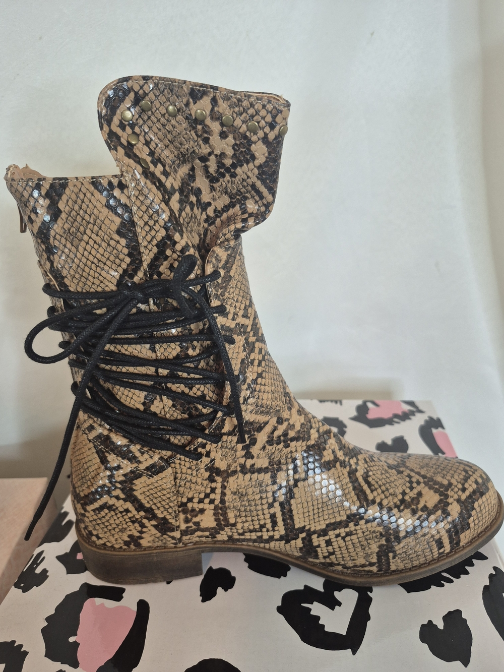 Milano Snake-Print Lace-Up Ankle Boots in Tan and Black